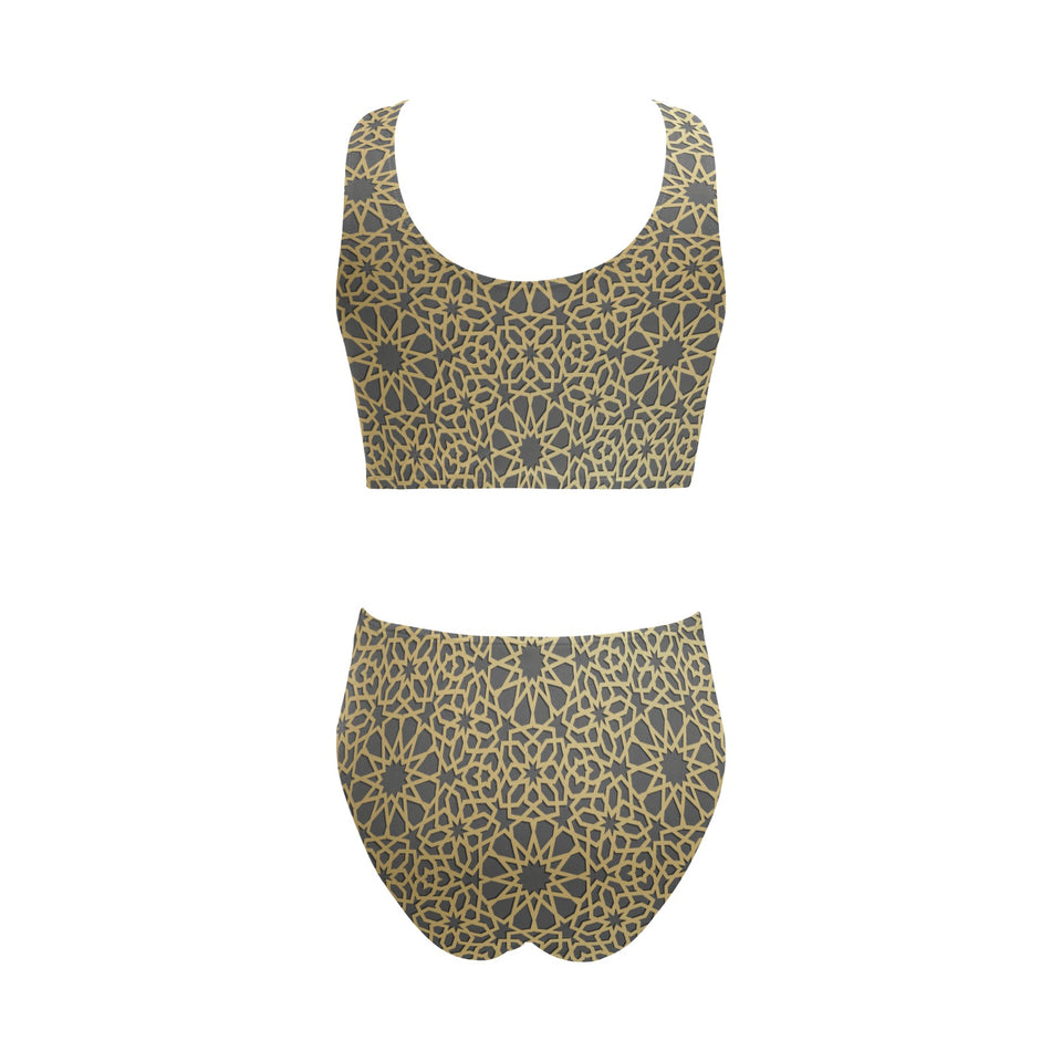 arabic star gold pattern Chest Bowknot High Waisted Bikini Swimsuit