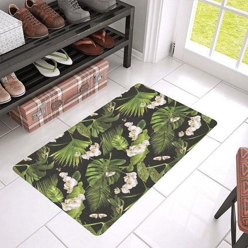 White orchid flower tropical leaves pattern blackg Doormat