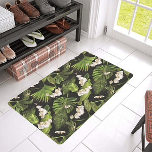 White orchid flower tropical leaves pattern blackg Doormat