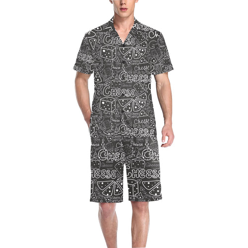 Handwritten cheese pattern Men's V-Neck Short Pajama Set