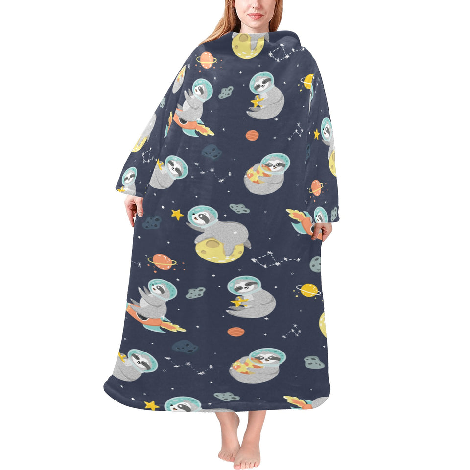 Cute sloth astronaut star planet rocket pattern Blanket Robe with Sleeves