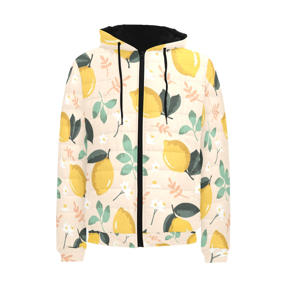lemon flower leave pattern Men's Padded Hooded Jacket