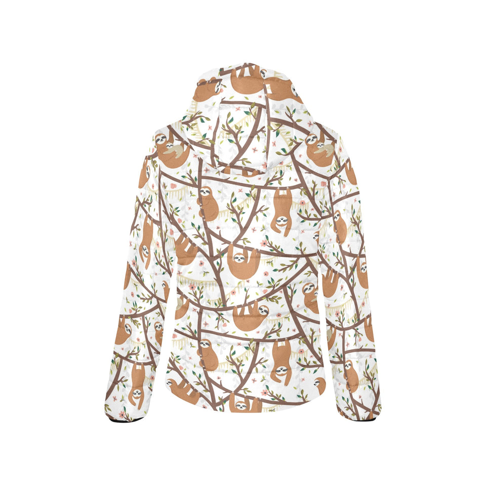 Sloths hanging on the tree pattern Women's Padded Hooded Jacket