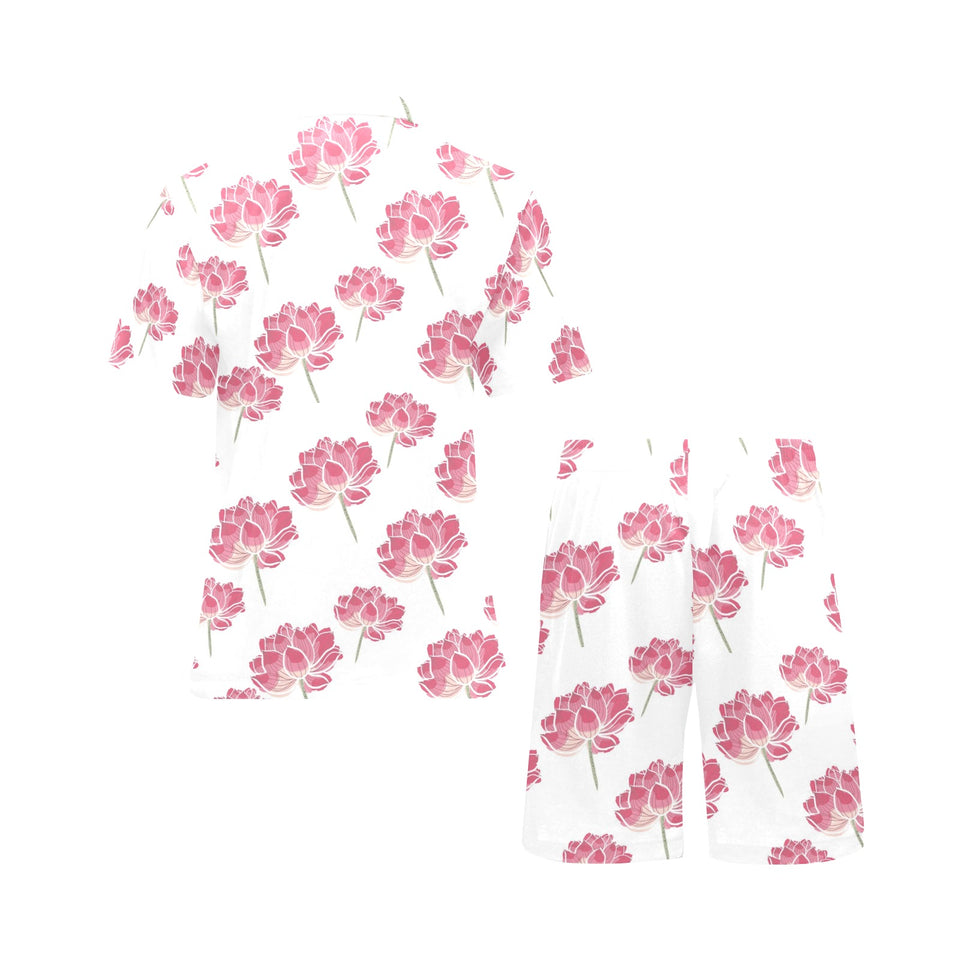 Pink lotus waterlily pattern Men's V-Neck Short Pajama Set