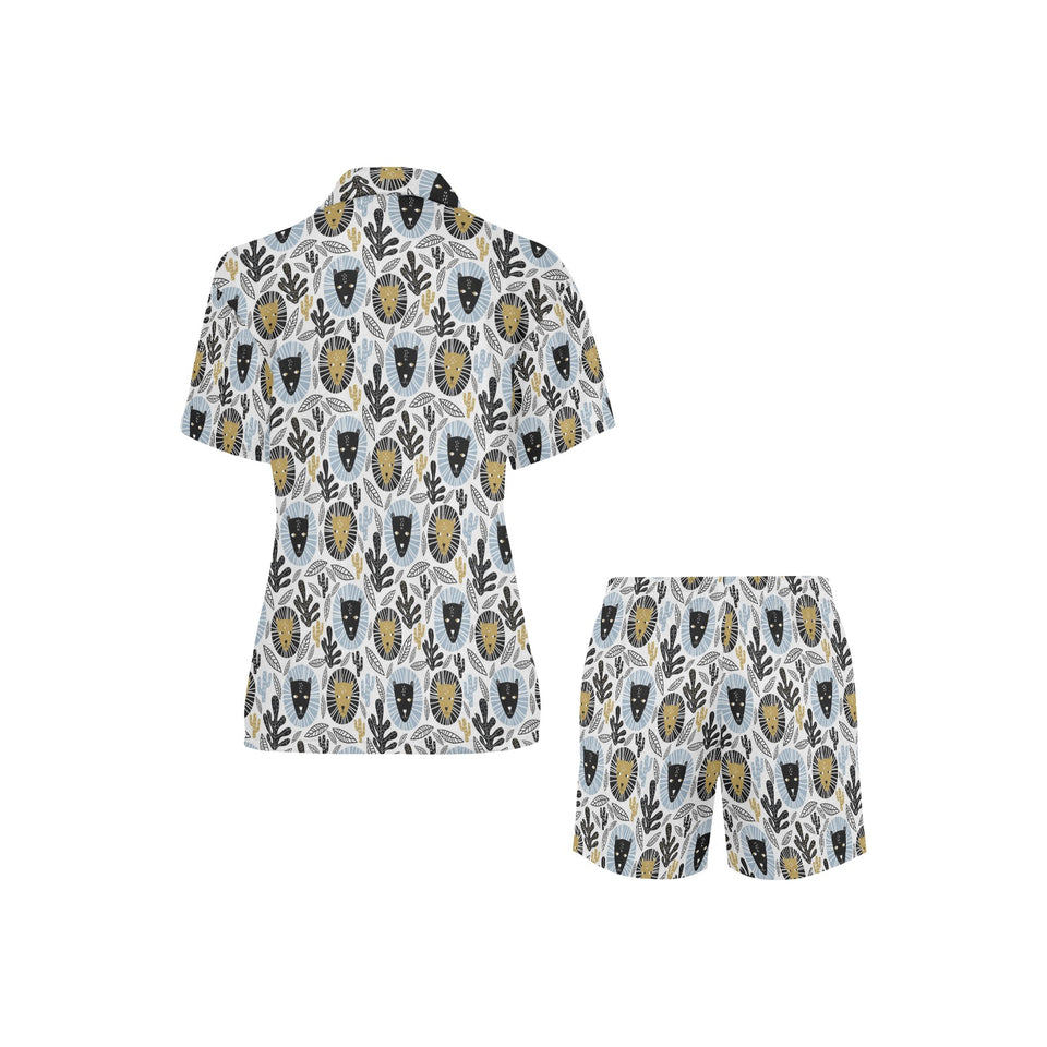 Lion Pattern Print Design 05 Women's V-Neck Short Pajama Set