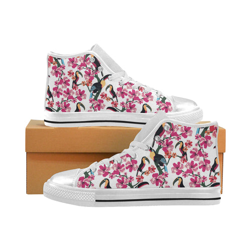 Toucan flower design pattern Women's High Top Canvas Shoes White