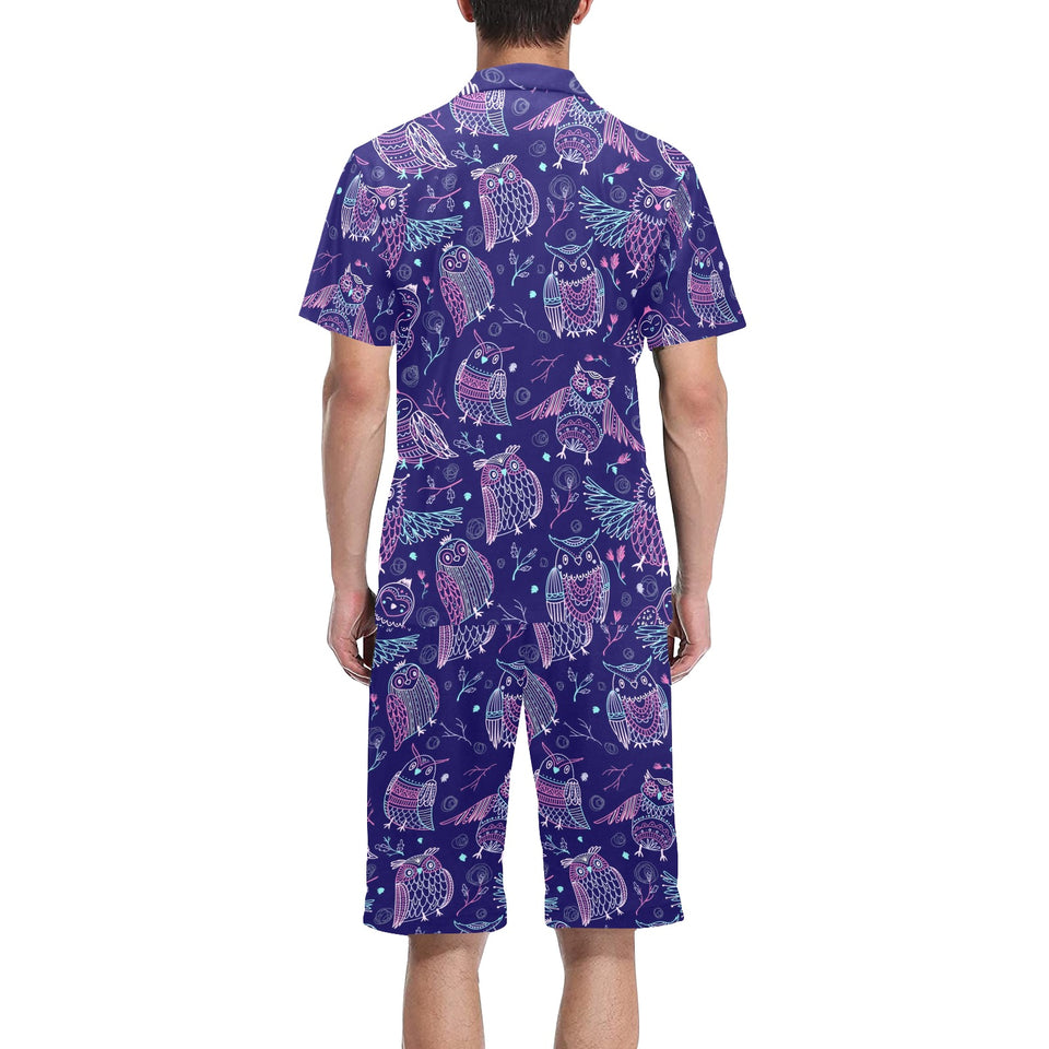 Cute owls pattern boho style ornament Men's V-Neck Short Pajama Set
