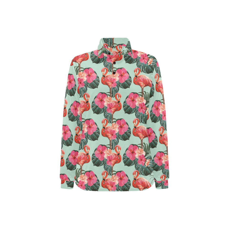 Beautiful flamingo tropical palm leaves hibiscus p Women's Long Sleeve Polo Shirt