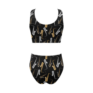 saxophone design pattern Chest Bowknot High Waisted Bikini Swimsuit