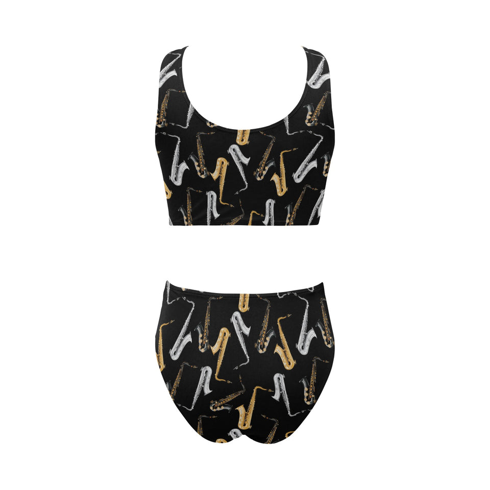 saxophone design pattern Chest Bowknot High Waisted Bikini Swimsuit