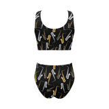 saxophone design pattern Chest Bowknot High Waisted Bikini Swimsuit