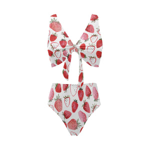 watercolor hand drawn beautiful strawberry pattern Chest Bowknot High Waisted Bikini Swimsuit