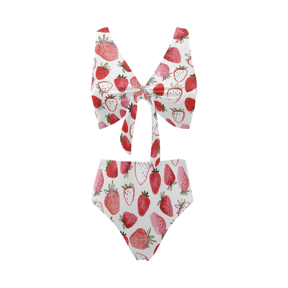 watercolor hand drawn beautiful strawberry pattern Chest Bowknot High Waisted Bikini Swimsuit