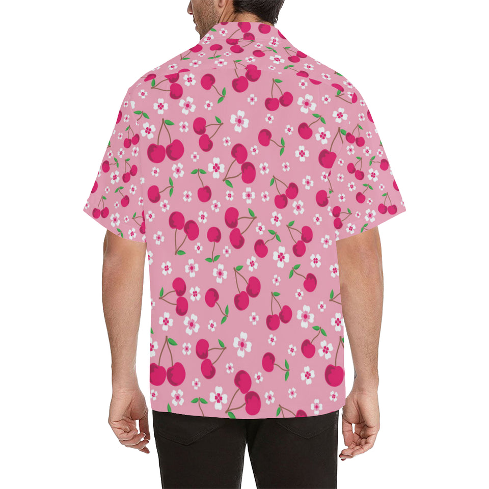 cherry flower pattern pink background Men's All Over Print Hawaiian Shirt