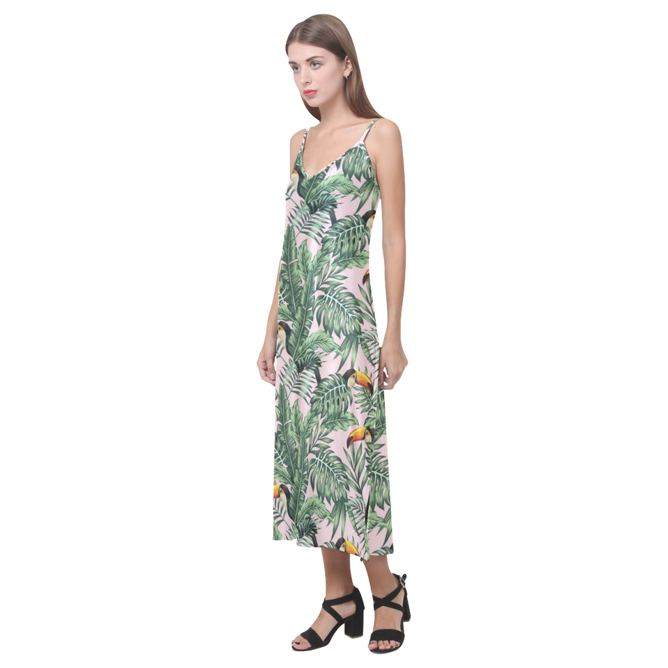 Toucan tropical green jungle palm pattern V-Neck Open Fork Long Dress