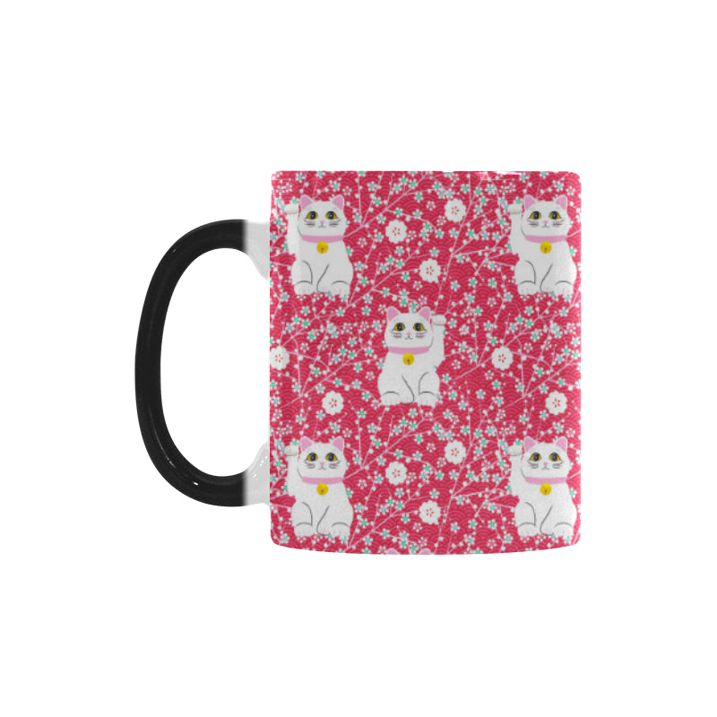 Maneki neko cat sakura pink background Morphing Mug Heat Changing Mug