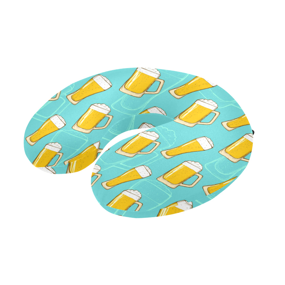 Beer pattern green background U-Shaped Travel Neck Pillow