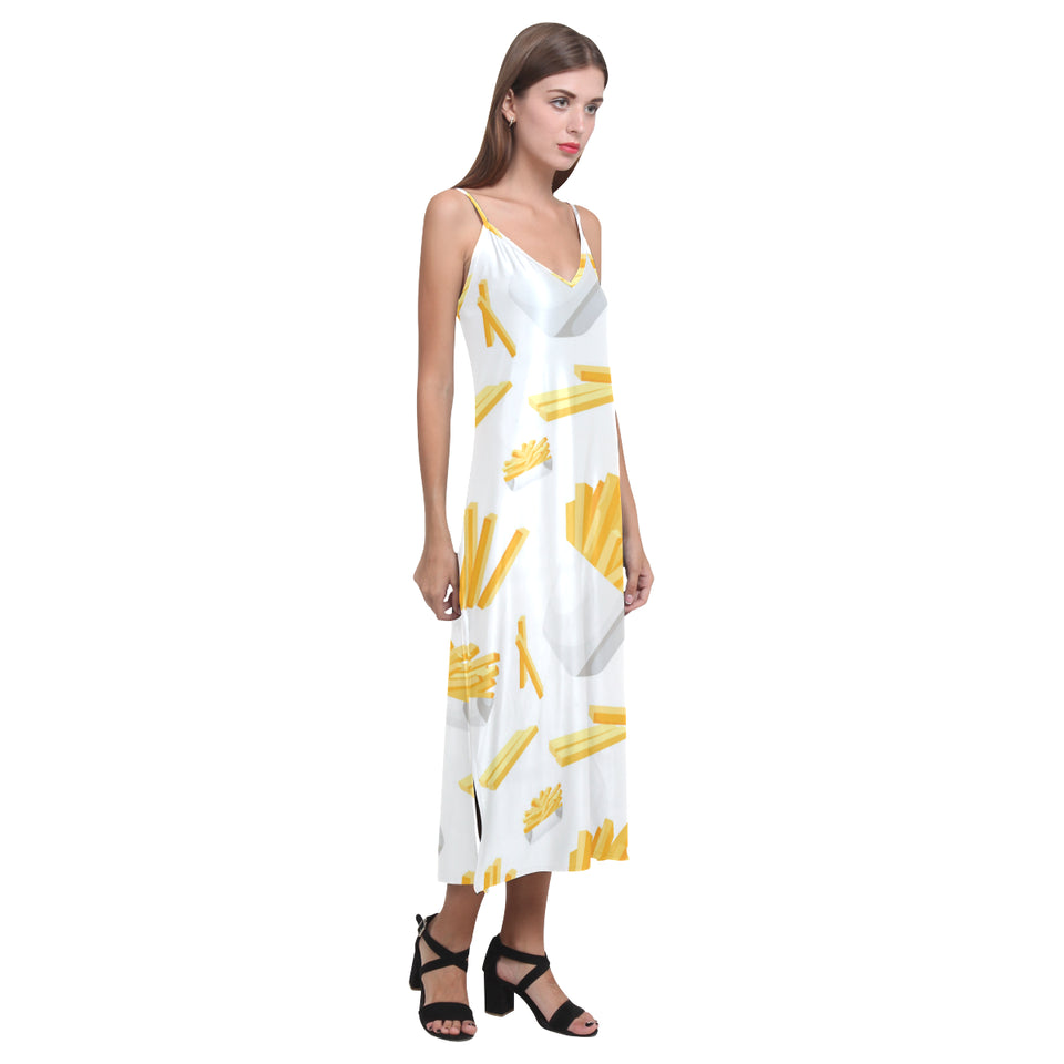 French fries white paper box pattern V-Neck Open Fork Long Dress