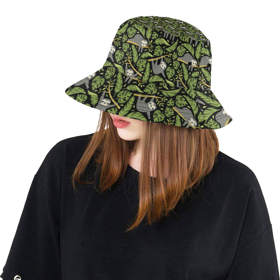Cute sloths tropical palm leaves black background Unisex Bucket Hat