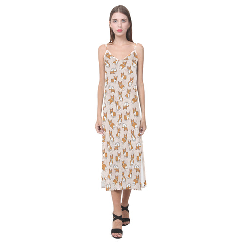 Cute Corgis Pattern pink background V-Neck Open Fork Long Dress