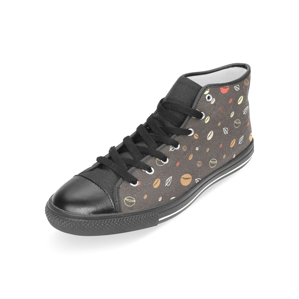 Coffee bean leave pattern Women's High Top Canvas Shoes Black