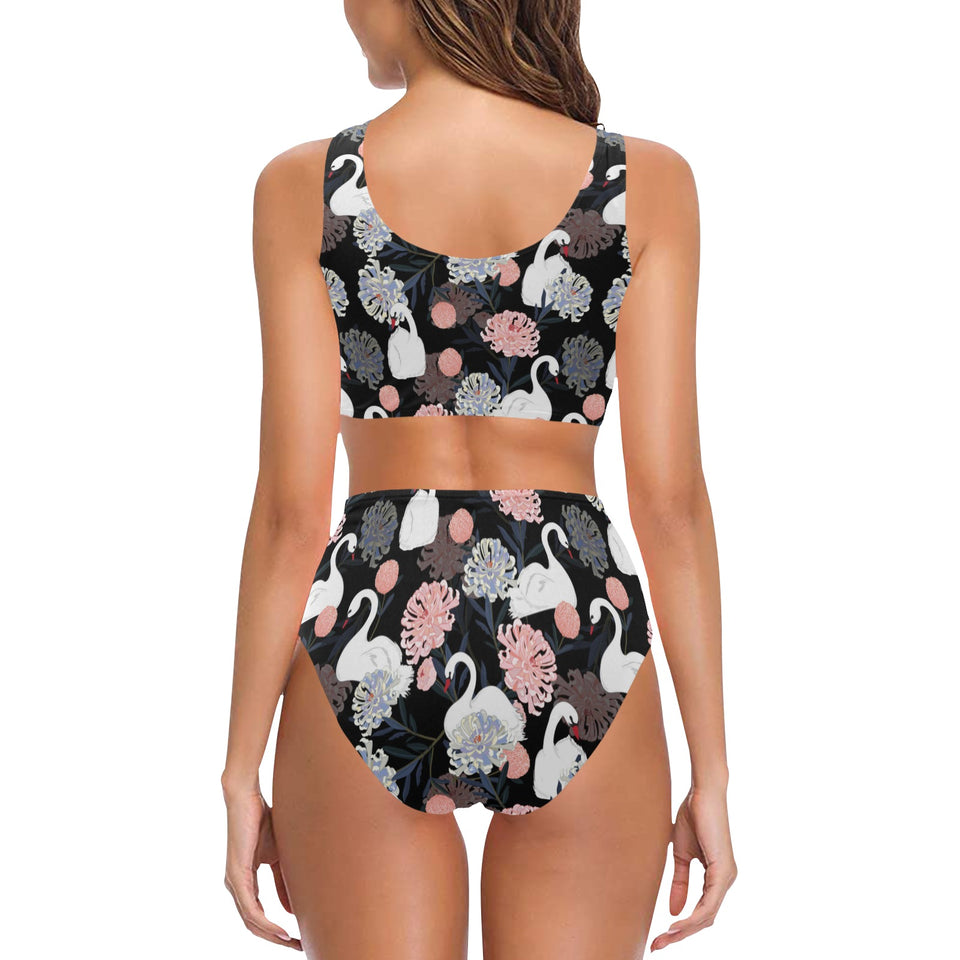 white swan blooming flower pattern Chest Bowknot High Waisted Bikini Swimsuit