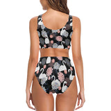 white swan blooming flower pattern Chest Bowknot High Waisted Bikini Swimsuit