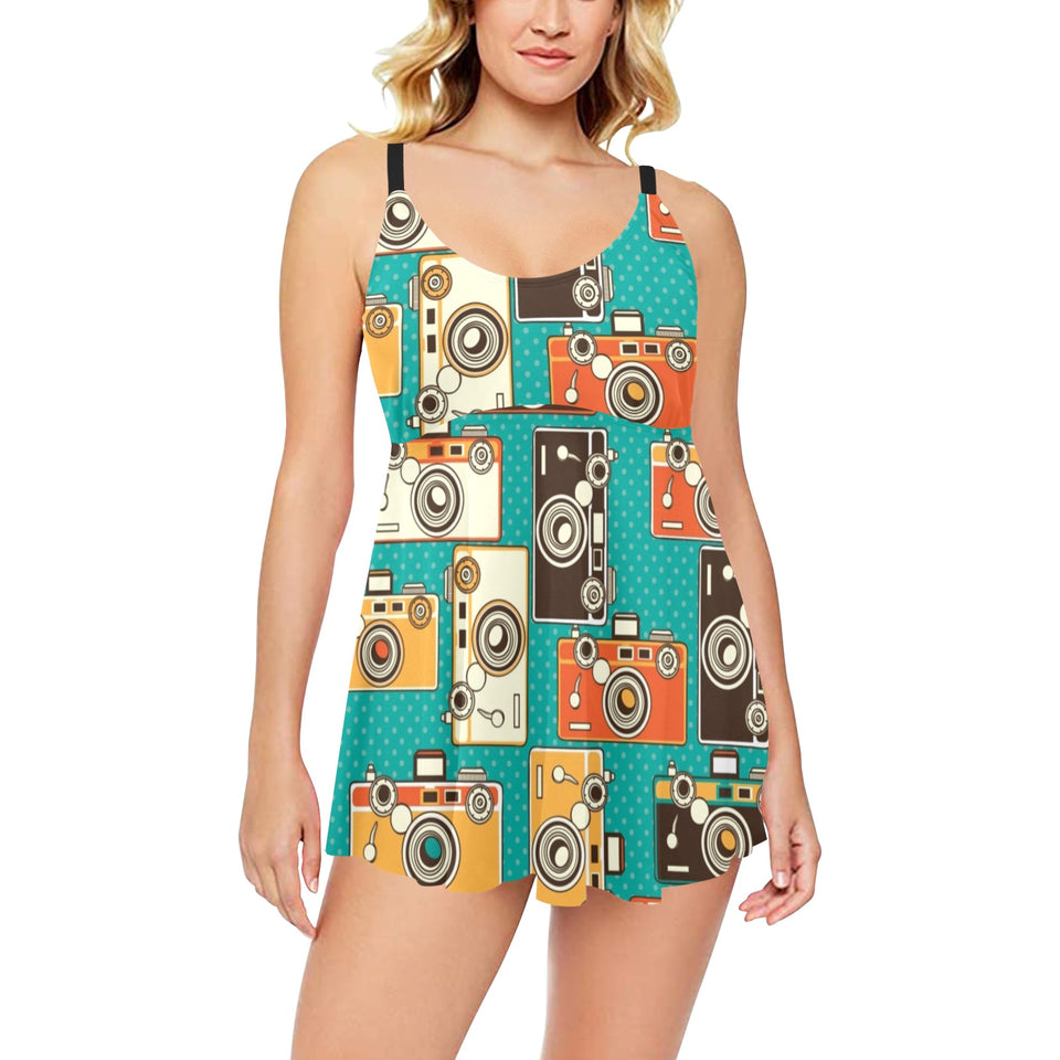Camera Pattern Print Design 03 Chest Sexy Pleated Two Piece Swim Dress