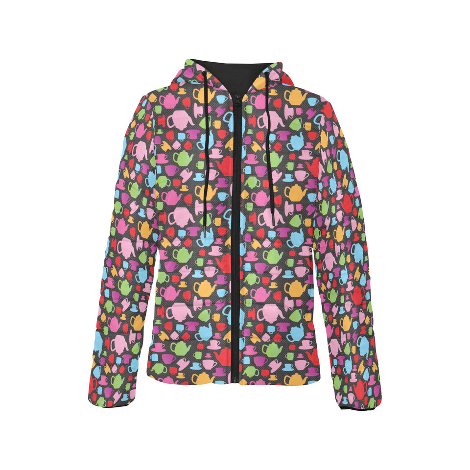 Tea pots Pattern Print Design 01 Women's Padded Hooded Jacket