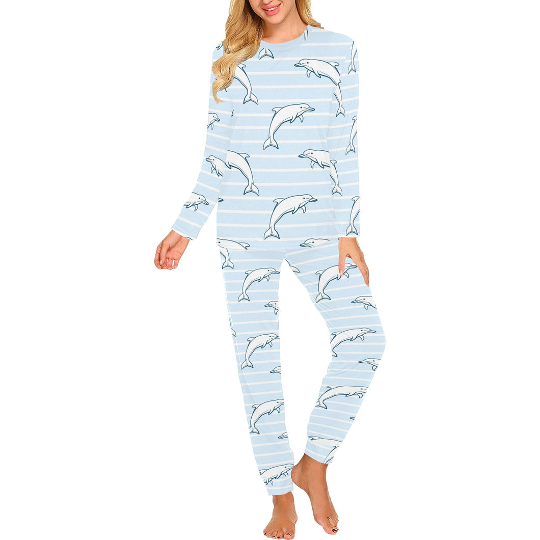 Dolphin blue striped background Women's All Over Print Pajama Set