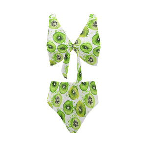 Watercolor kiwi pattern Chest Bowknot High Waisted Bikini Swimsuit