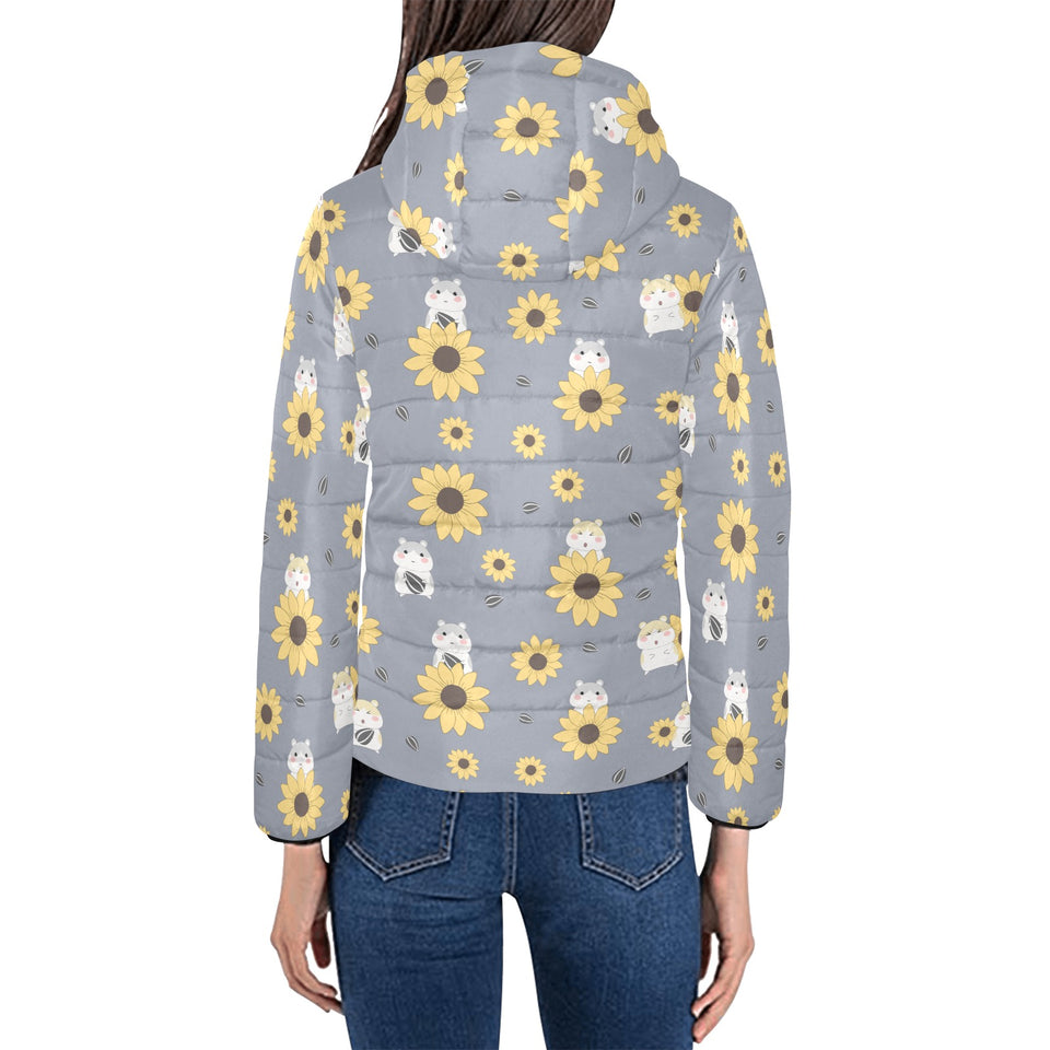 Cute hamster sunflower pattern background Women's Padded Hooded Jacket