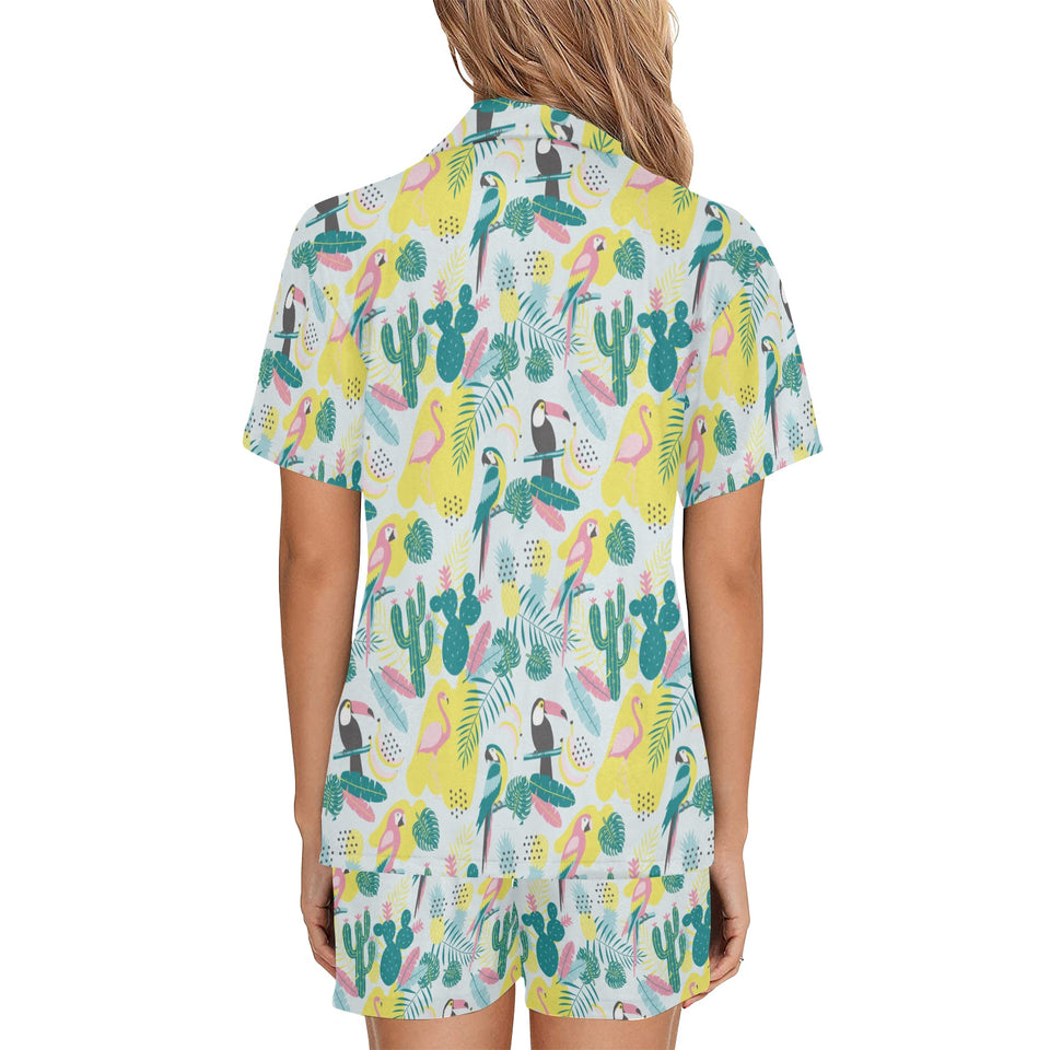 Cute parrot toucan flamingo cactus exotic leaves p Women's V-Neck Short Pajama Set