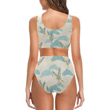 Bonsai bamboo stork japanese pattern cream theme Chest Bowknot High Waisted Bikini Swimsuit