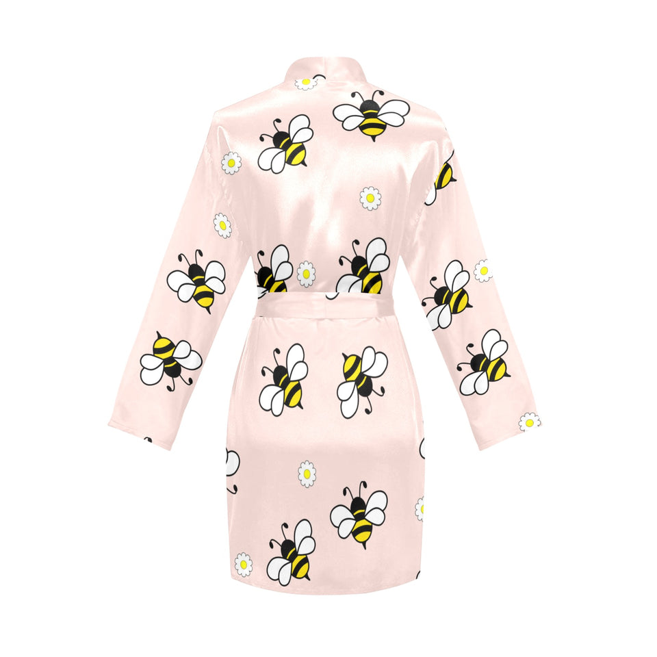 Cute bee flower pattern pink background Women's Long Sleeve Belted Night Robe