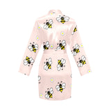 Cute bee flower pattern pink background Women's Long Sleeve Belted Night Robe