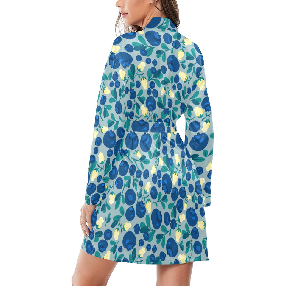 blueberry design pattern Women's Long Sleeve Belted Night Robe