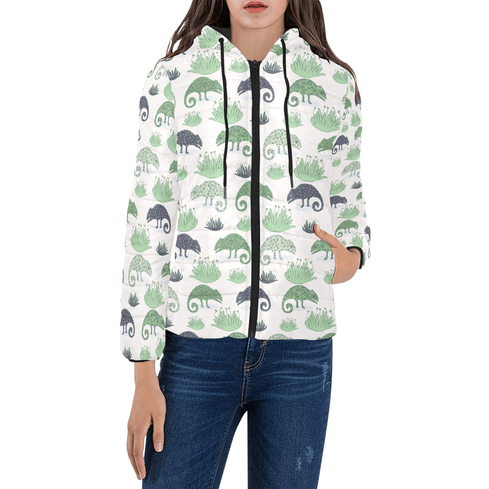 Chameleon lizard succulent plant pattern Women's Padded Hooded Jacket