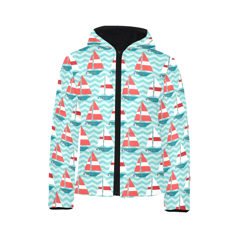 Red White sailboat wave background Kids' Boys' Girls' Padded Hooded Jacket