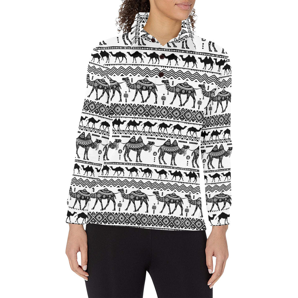 Camel polynesian tribal pattern Women's Long Sleeve Polo Shirt