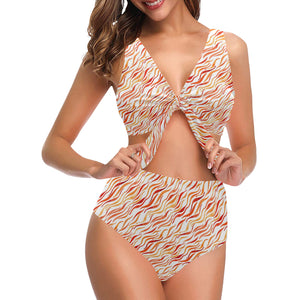 Fire flame watercolor pattern Chest Bowknot High Waisted Bikini Swimsuit