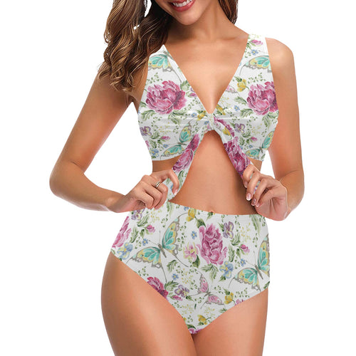Hand drawn butterfly rose Chest Bowknot High Waisted Bikini Swimsuit