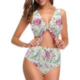 Hand drawn butterfly rose Chest Bowknot High Waisted Bikini Swimsuit