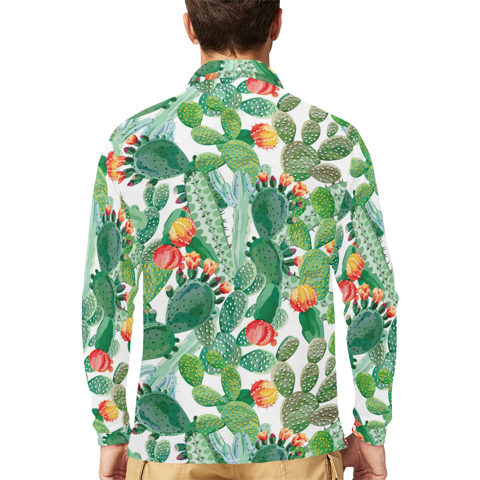 Cactus design pattern copy Men's Long Sleeve Polo Shirt