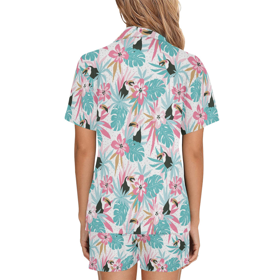 Toucan tropical flower leave pattern Women's V-Neck Short Pajama Set