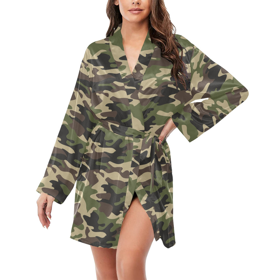 Dark Green camouflage pattern Women's Long Sleeve Belted Night Robe