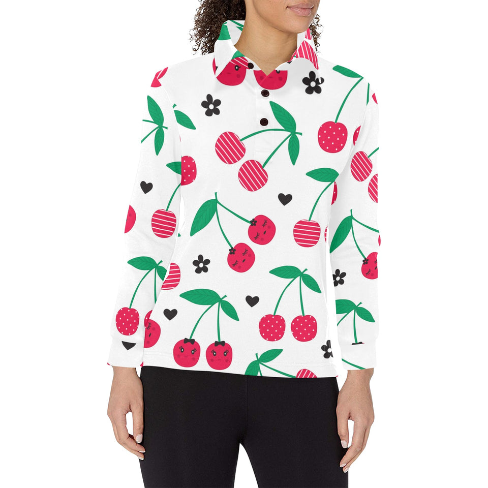 cherry pattern white background Women's Long Sleeve Polo Shirt