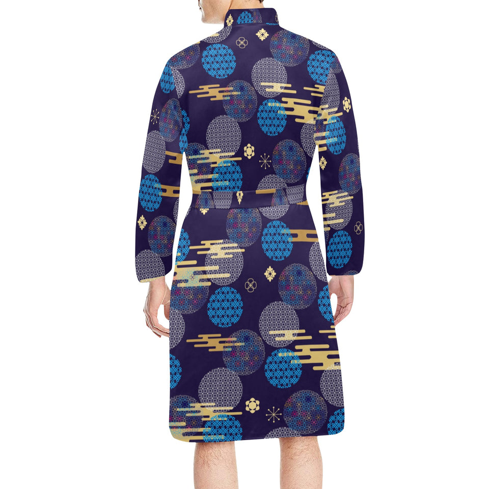 Blue japanese pattern cloud wave flower Men's Long Sleeve Belted Night Robe
