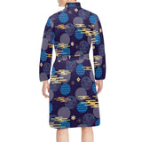 Blue japanese pattern cloud wave flower Men's Long Sleeve Belted Night Robe