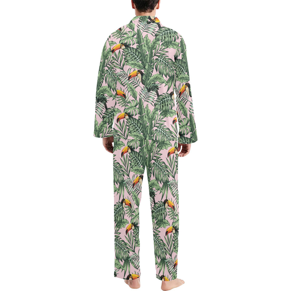 Toucan tropical green jungle palm pattern Men's Long Pajama Set